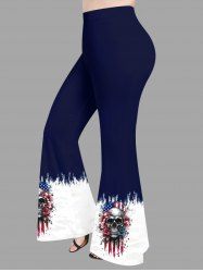Skulls Flower Patriotic American Flag Print Flare Pants -  