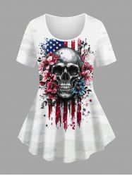 Skulls Flower Patriotic American Flag Print T-shirt -  