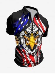 Plus Size Eagle Ripped Patriotic American Flag Print Zipper Polo Shirt For Men -  