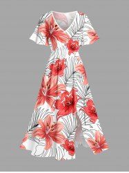 Flowers Tropical Leaf Print Split Hawaii Midi Dress - CORAL ROSE 2X