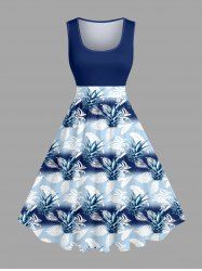 Plus Size Tropical Leaf Print Hawaii 1950s Vintage Dress -  
