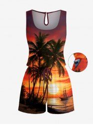 Coconut Tree Sun Seascape Print Cinched Hawaii Romper -  