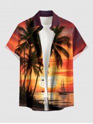 Coconut Tree Sun Seascape Print Buttons Pocket Hawaii Shirt For Men -  