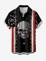Skull Patriotic American Flag Print Button Pocket Shirt For Men -  