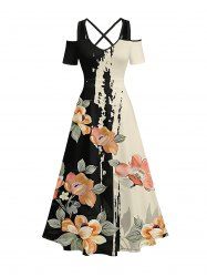 Flower Leaf Branch Print Hawaii Cold Shoulder Crisscross A Line Maxi Dress - Noir 5X