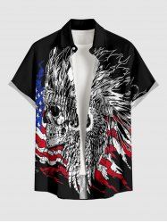 Ethnic Skull Patriotic American Flag Print Button Pocket Shirt For Men -  