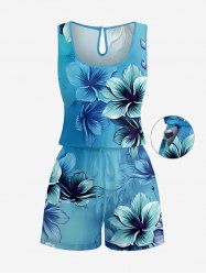 Flower Ombre Print Hawaii Drawstring Pocket Romper -  