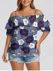Flower Leaf Print Hawaii Cold Shoulder Ruffles Blouse -  