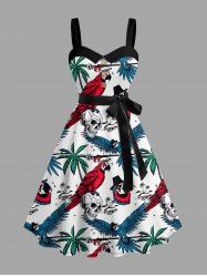 Robe trapèze boutonnée à imprimé hawaïen cocotiers, crânes et perroquets avec ceinture amovible - Blanc 3X