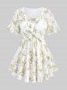 Butterfly Print Twist Top and Floral Lace Patchwork Pockets Flare Pants Plus Size Outfit - Blanc 