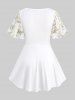 Butterfly Print Twist Top and Floral Lace Patchwork Pockets Flare Pants Plus Size Outfit - Blanc 