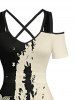 Flower Leaf Branch Print Hawaii Cold Shoulder Crisscross A Line Maxi Dress - Noir 5X