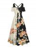 Flower Leaf Branch Print Hawaii Cold Shoulder Crisscross A Line Maxi Dress - Noir 5X