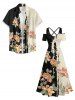 Flower Leaf Branch Print Hawaii Cold Shoulder Crisscross A Line Maxi Dress - Noir 5X
