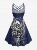Plus Size Skull Wings Cross Print Ruched Lattice Crisscross Straps Dress - Bleu profond M