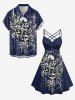 Plus Size Skull Wings Cross Print Ruched Lattice Crisscross Straps Dress - Bleu profond M