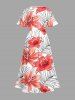 Flowers Tropical Leaf Print Split Hawaii Midi Dress - CORAL ROSE 2X