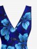 Hibiscus Flower Leaf Print Hawaii Ruffles Split Surplice Dress - Bleu XS