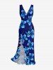 Hibiscus Flower Leaf Print Hawaii Ruffles Split Surplice Dress - Bleu XS