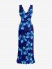 Hibiscus Flower Leaf Print Hawaii Ruffles Split Surplice Dress - Bleu XS