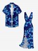 Hibiscus Flower Leaf Print Hawaii Ruffles Split Surplice Dress - Bleu XS