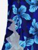 Hibiscus Flower Leaf Print Hawaii Ruffles Split Surplice Dress - Bleu XS