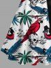 Robe trapèze boutonnée à imprimé hawaïen cocotiers, crânes et perroquets avec ceinture amovible - Blanc 3X