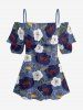 Flower Leaf Print Hawaii Cold Shoulder Ruffles Blouse -  