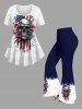 Plus Size Skulls Flower Patriotic American Flag Print Flare Pants -  
