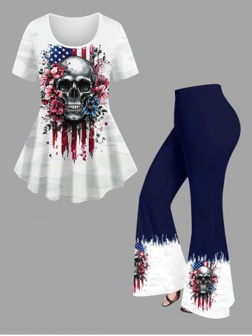 Skulls Flower Patriotic American Flag Print T-shirt and Flare Pants Plus Size Matching Set