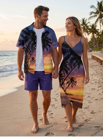 Coconut Tree Sea Ombre Sky Print Plus Size Matching Hawaii Beach Outfit For Couples