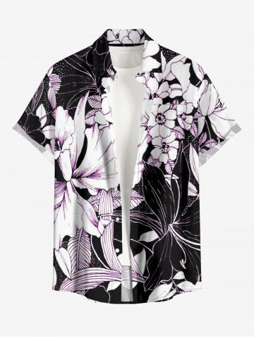 Plus Size Flowers Leaf Print Buttons Pocket Hawaii Shirt For Men - BLACK - 5XL