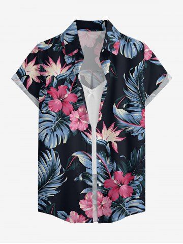 Hibiscus Flowers Tropical Leaf Print Buttons Pocket Women Hawaii Shirt - BLACK - XS