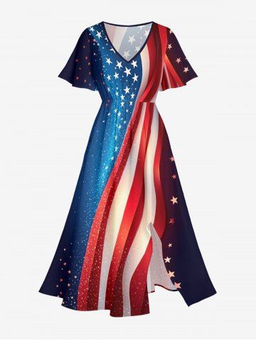 Plus Size Patriotic American Flag Print Split Midi Dress - BLUE - 5X