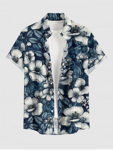 Plus Size Flowers Leaf Print Buttons Pocket Hawaii Shirt For Men - PEACOCK BLUE - 4XL