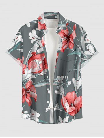 Plus Size Flowers Leaf Print Buttons Pocket Hawaii Shirt For Men - LIGHT GRAY - XL