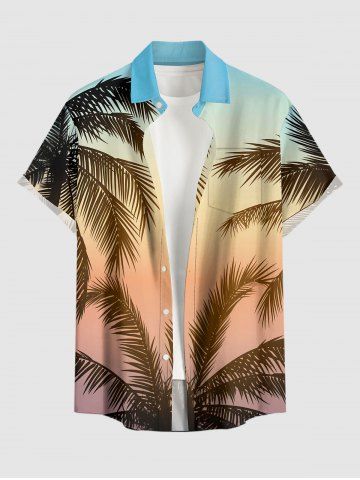 Plus Size Coconut Tree Ombre Print Buttons Pocket Hawaii Shirt For Men
