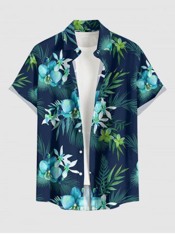 Chemise hawaïenne grande taille pour homme, à imprimé floral tropical et feuilles, boutons et poche.