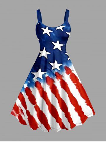 Plus Size Patriotic American Flag Print A Line Dress - BLUE - XXS