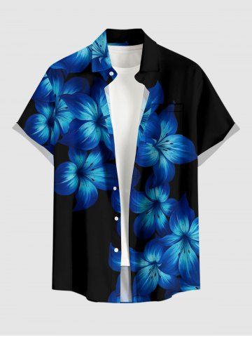 Plus Size Ombre Flower Print Hawaii Button Pocket Shirt For Men - BLACK - S