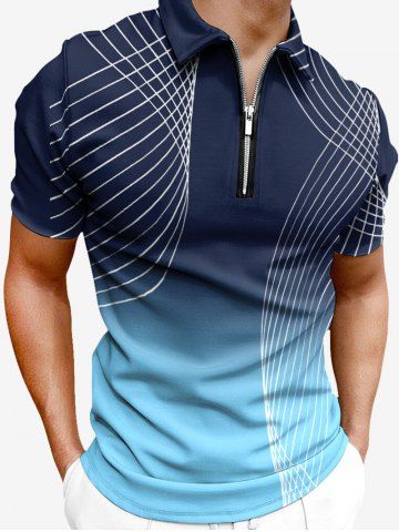 Plus Size Ombre Colorblock Geometric Line Print Zipper Polo Shirt For Men - DEEP BLUE - 5XL