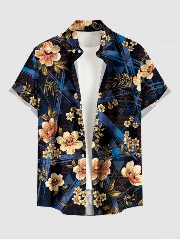 Plus Size Flowers Leaf Print Buttons Pocket Hawaii Shirt For Men - BLACK - S