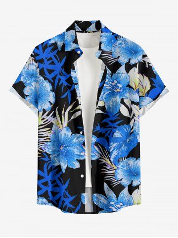 Plus Size Tropical Leaf Hibiscus Flower Print Hawaii Button Pocket Shirt For Men - BLUE - 6XL