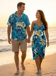 Flower Leaf Branch Print Plus Size Matching Hawaii Beach Outfit For Couples -  