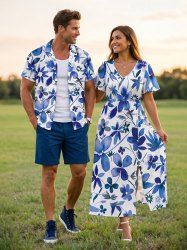 Flower Leaf Print Plus Size Matching Hawaii Beach Outfit For Couples -  