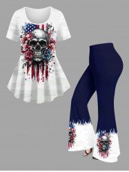 Skulls Flower Patriotic American Flag Print T-shirt and Flare Pants Matching Set - Bleu profond 