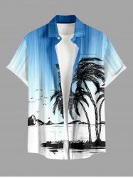 Coconut Tree Mountain Ombre Print Buttons Pocket Hawaii Shirt For Men -  