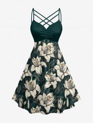 Hibiscus Flowers Leaf Print Ruched Lattice Crisscross Straps Hawaii Dress - Vert profond 4X