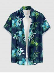 Plus Size Flowers Tropical Leaf Print Buttons Pocket Hawaii Shirt For Men -  