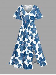 Plus Size Flowers Print Split Hawaii Midi Dress -  